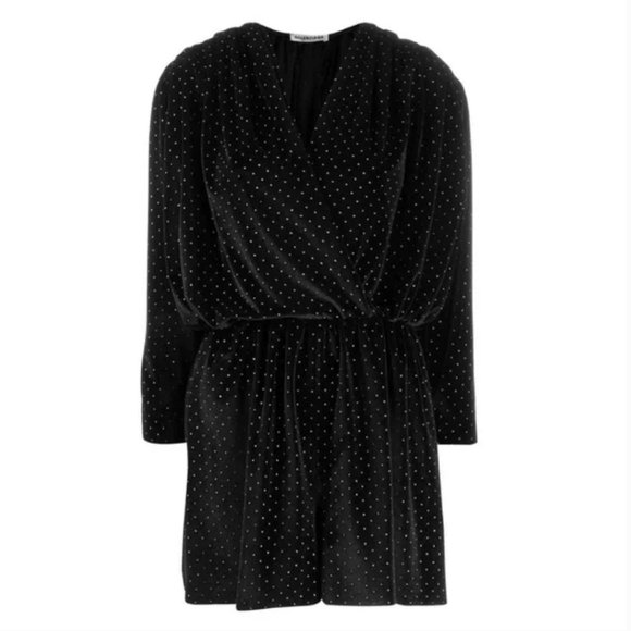 Balenciaga Black Velvet Gold Studded V-neck Relaxed Fit Mini Romper Size Medium - Picture 5 of 12